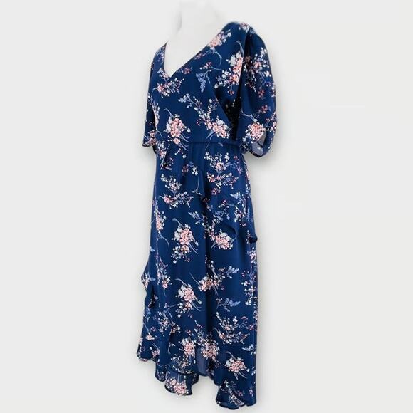 Spirit of Grace Hi Lo Wrap Long Floral Ruched Sleeve Ruffle Dress - S - Picture 4 of 8